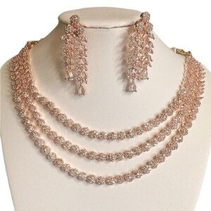 Rose Gold Polish, 3 layered American Diamonds Necklace, White Stones, 9 inches